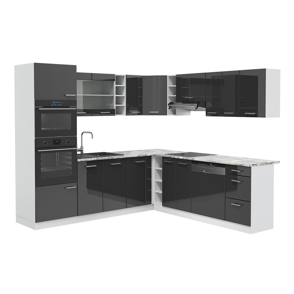 ECKKÜCHE R-Line, Anthrazit Hochglanz/Weiß, 247 x 237 cm ohne Arbeitsplatte - Schwarz Hochglanz/Weiß, Holzwerkstoff (247/206.8/46cm) - Vicco