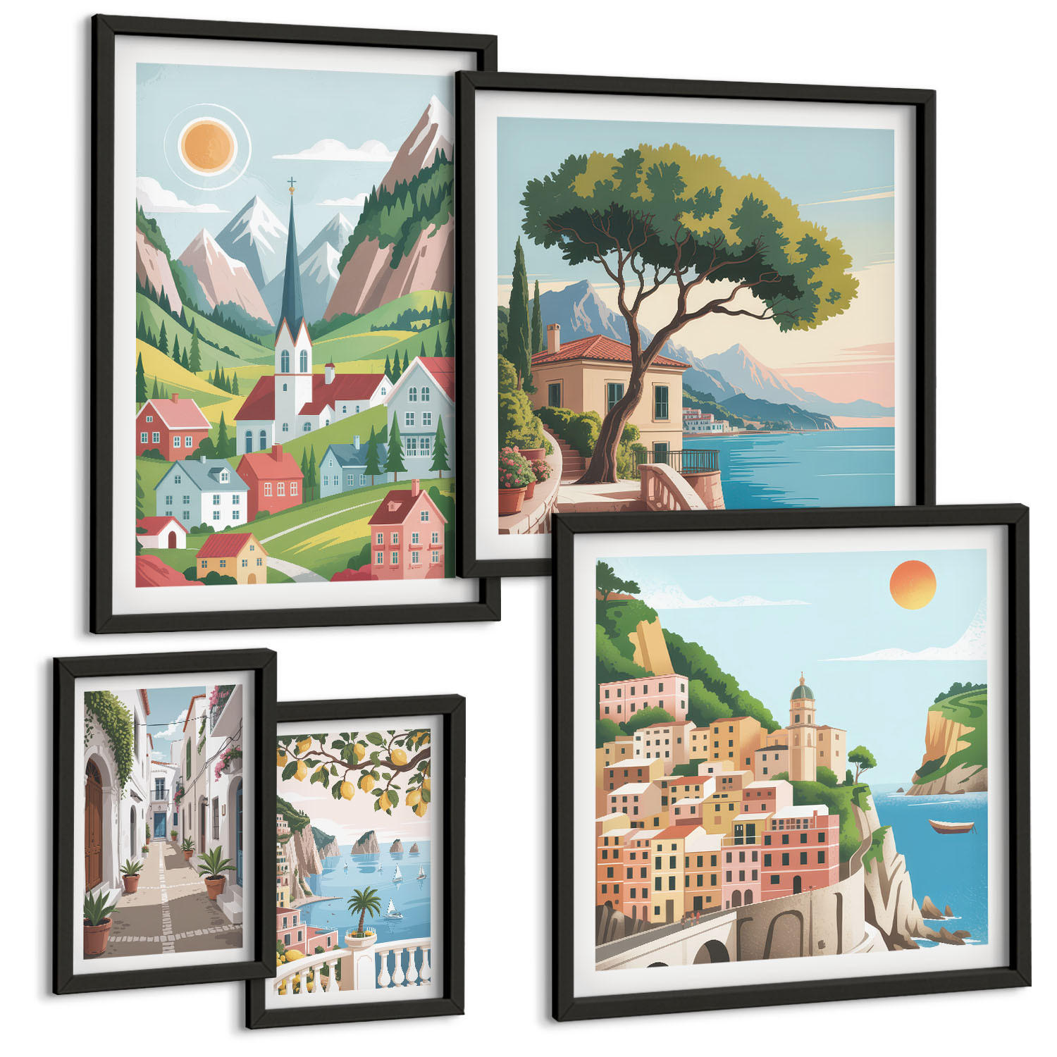 BILDER SET 5er Set - 50x50 cm & 20x30 cm & 40x60 cm Schwarzer Rahmen - Löwenzahn-Wassertropfen - Schwarz, Kunststoff (40/60cm) - TULUP