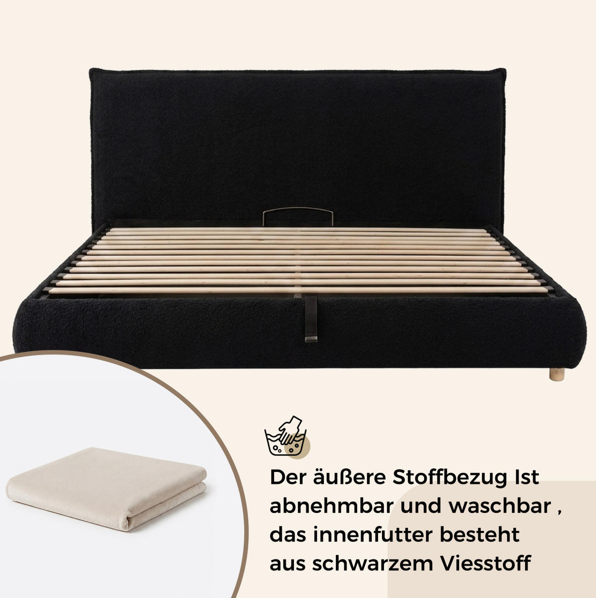 POLSTERBETT aus Samt 160x200 cm Creme mit hydraulischem Bettkasten und Lattenrost - Creme, Textil (160/200cm) - Modfu