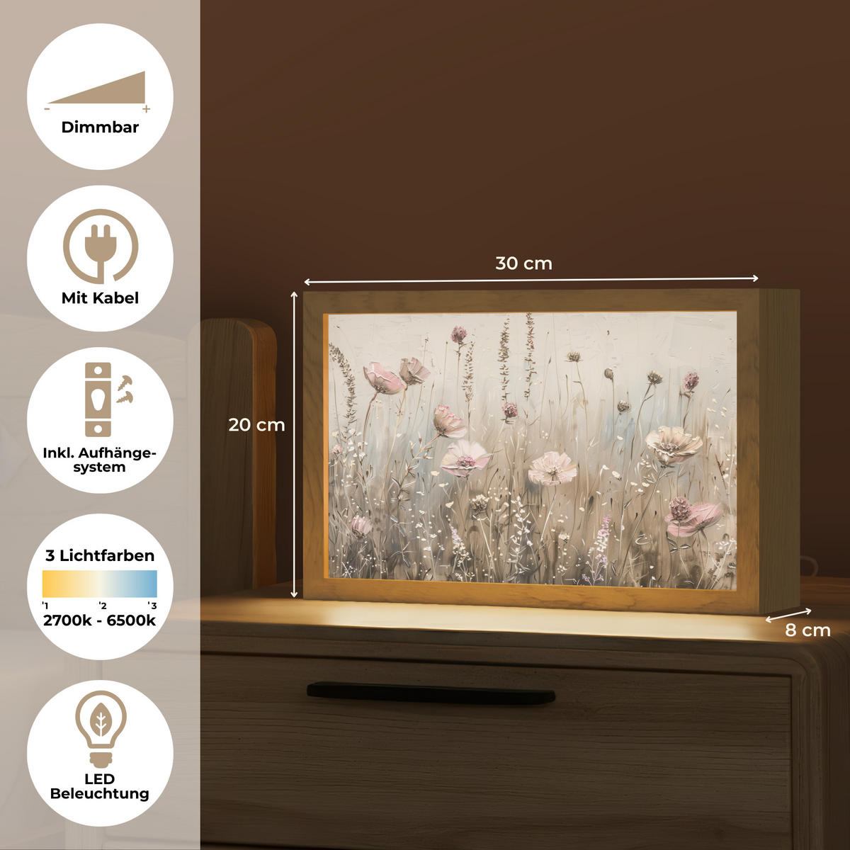 STOLNÁ LAMPA Kvety - Ružová - Moderné - Béžová 30x20 cm - farba akácie, kompozitné drevo (8/30/20cm) - OnlyWow