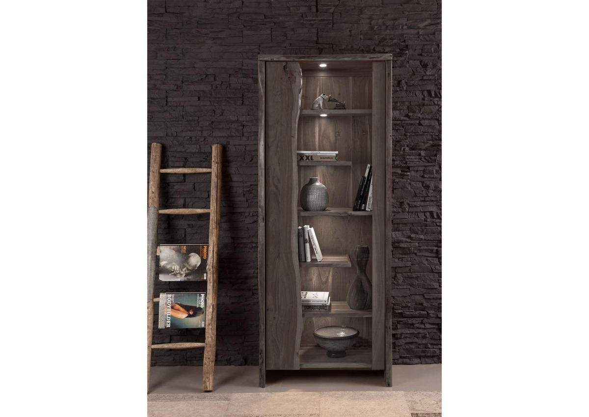 VITRINE Akazie 81x45x204 grau lackiert PURE ACACIA #406 - Grau, Holz (81/204/45cm) - Massivmoebel24