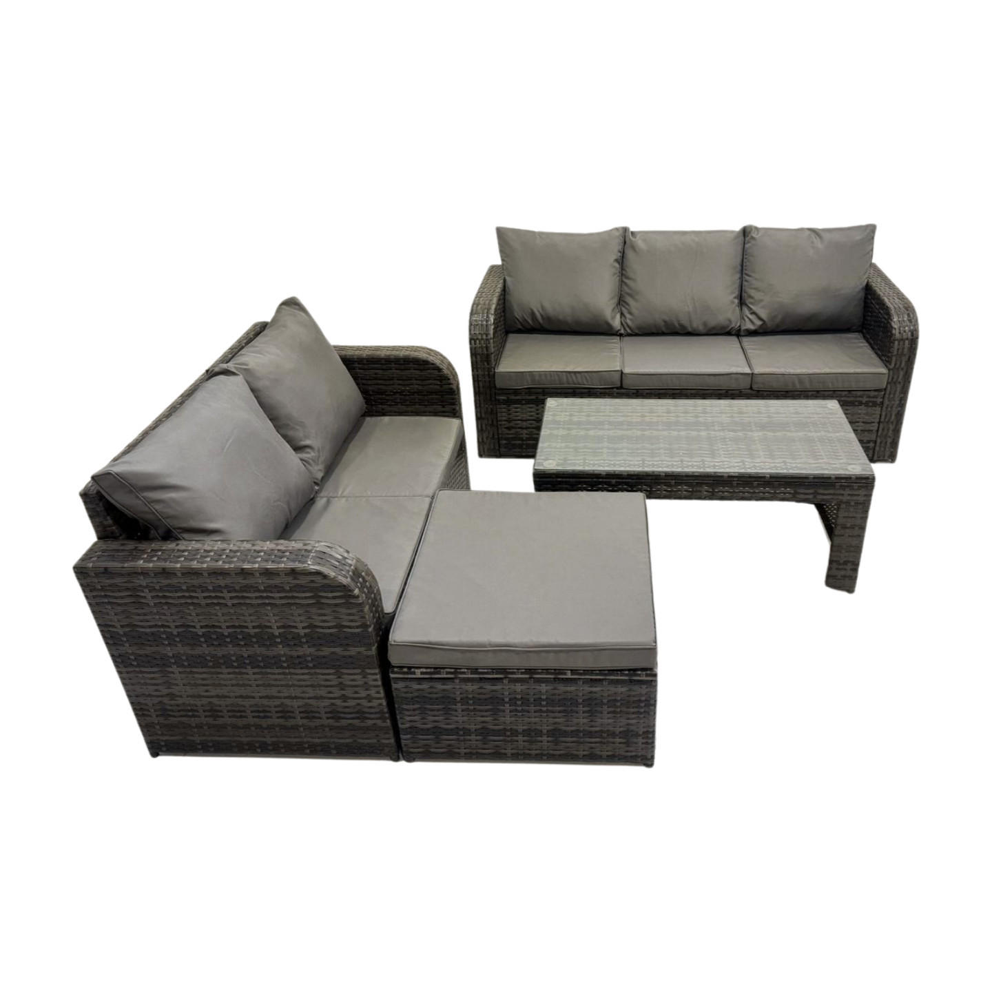 GARTENSOFA SET mit COUCHTISCH HOCKER Polyrattan 6-Sitzer - Dunkelgrau/Grau, Glas/Kunststoff - Fimous