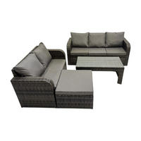 GARTENSOFA SET mit COUCHTISCH HOCKER Polyrattan 6-Sitzer - Dunkelgrau/Grau, Glas/Kunststoff - Fimous