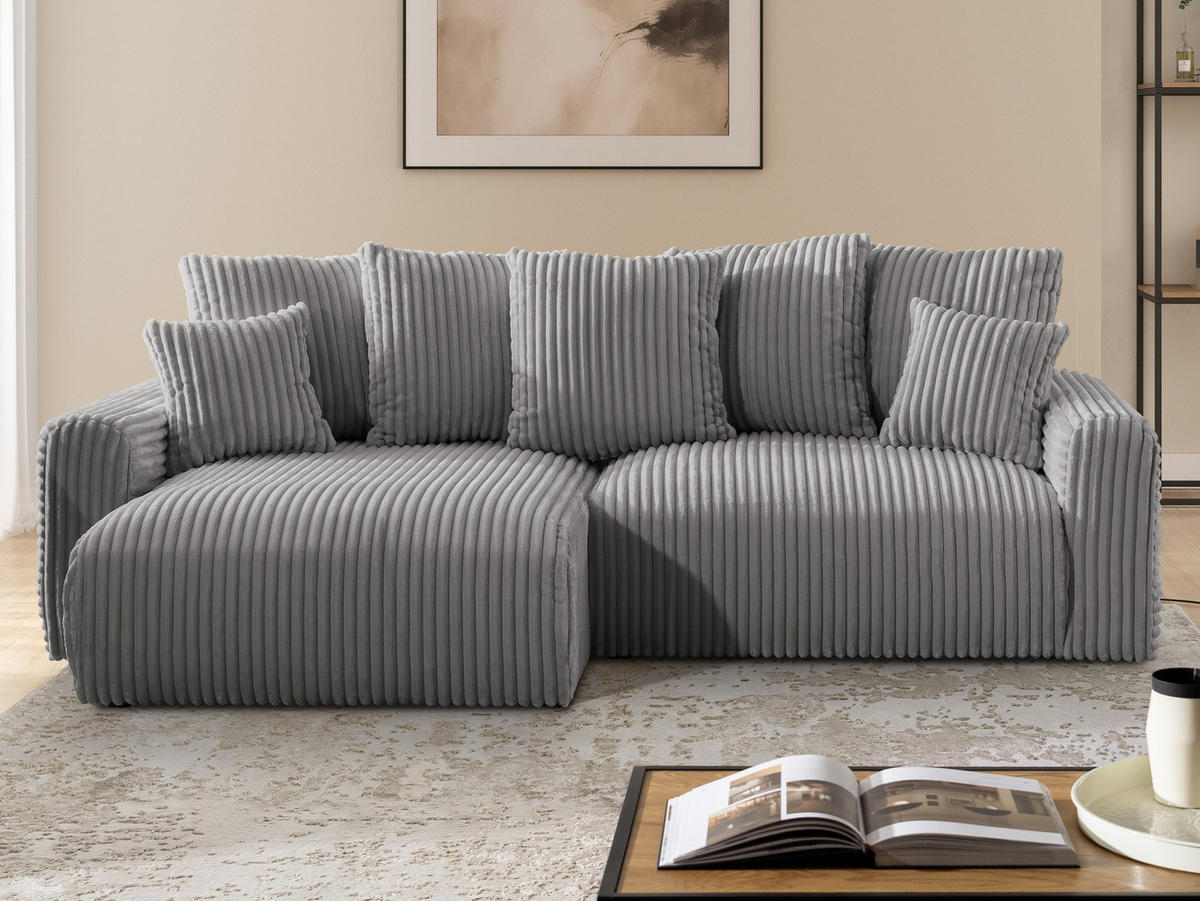 ECKSOFA Calma mit Schlaffunktion und Bettkasten im Bumpy-Design aus weichem Grau Plüschcord - Ottomane links - Schwarz/Grau, Holz/Kunststoff (239/140cm) - S-Style