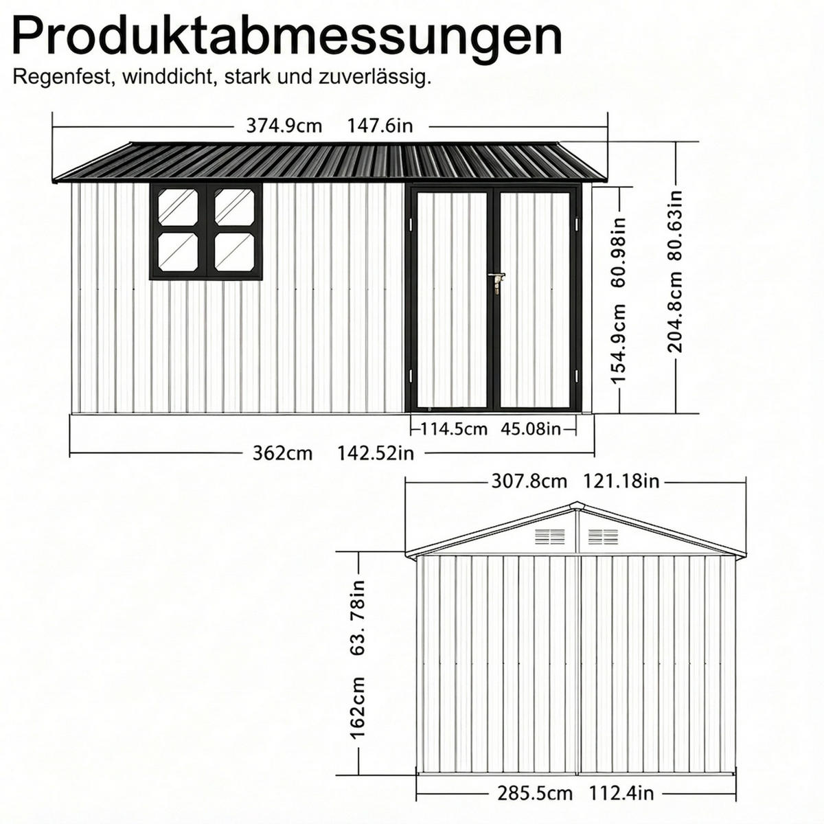 GERÄTEHAUS 374.9/307.8/204.8 cm Grau mit Tür, Schloss und Fenster (10,34m²) - Grau, Metall (307.8/204.8/374.93cm) - Oxeza