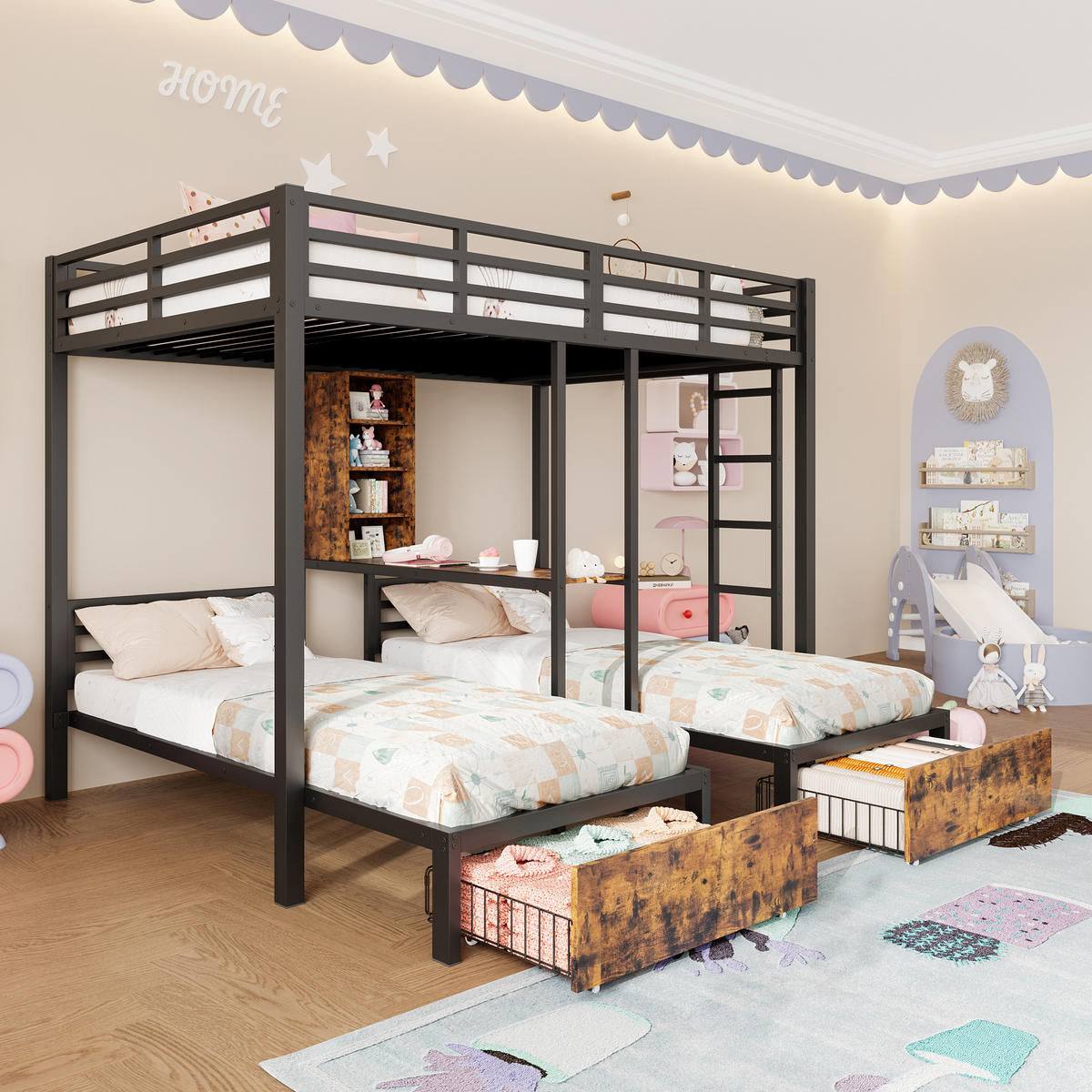 ETAGENBETT 140x200cm + 90x200cm Schwarz 3 Betten 2 Schubladen Regale - Schwarz, Holz (140/200cm) - FLIEKS