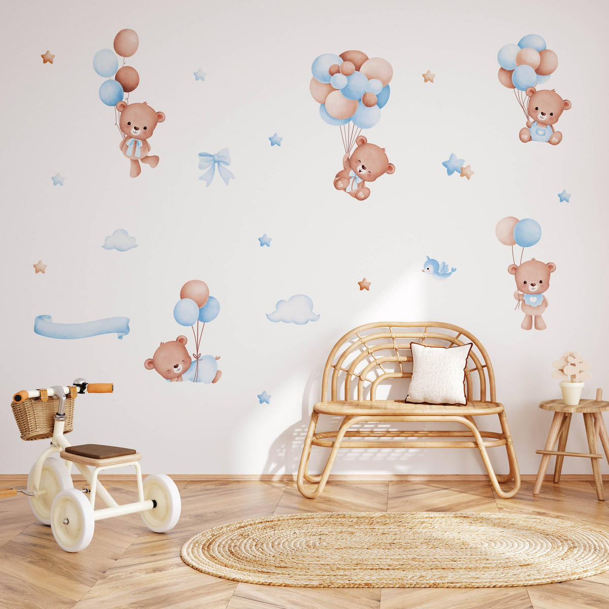 WANDSTICKER Teddybären Ballons Sterne Wolken 60x30 - Beige/Braun, Papier (60/30/1cm) - Muralo