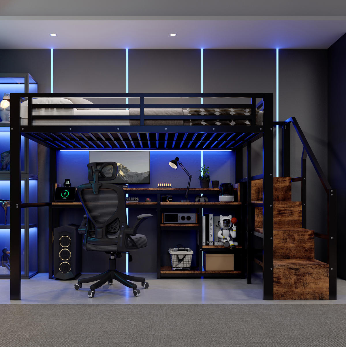 HOCHBETT Metall & MDF 140x200 cm Schwarz mit Leiterschrank, Ablagefach, LED-Lichtleiste & USB/Typ-C - Schwarz, Holzwerkstoff (140/200cm) - Modfu