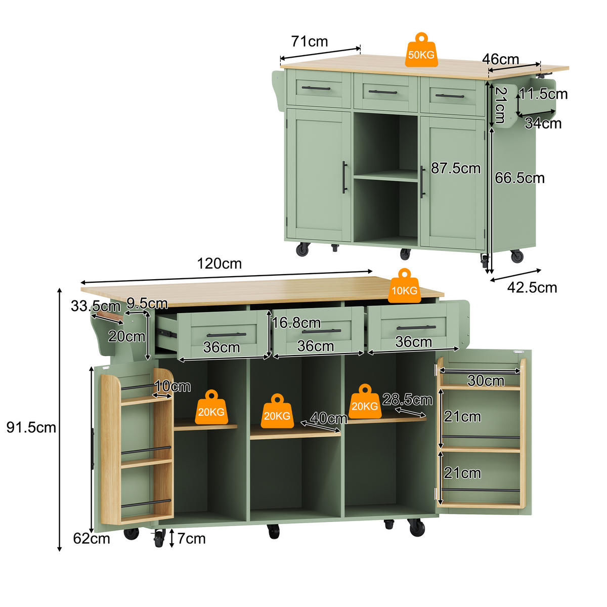 KÜCHENINSEL Antikgrün aus MDF mit klappbarer Erweiterungsplatte 139 × 46 × 91,5 cm - Grün, Holzwerkstoff (139/91.5/71cm) - Luhomfu
