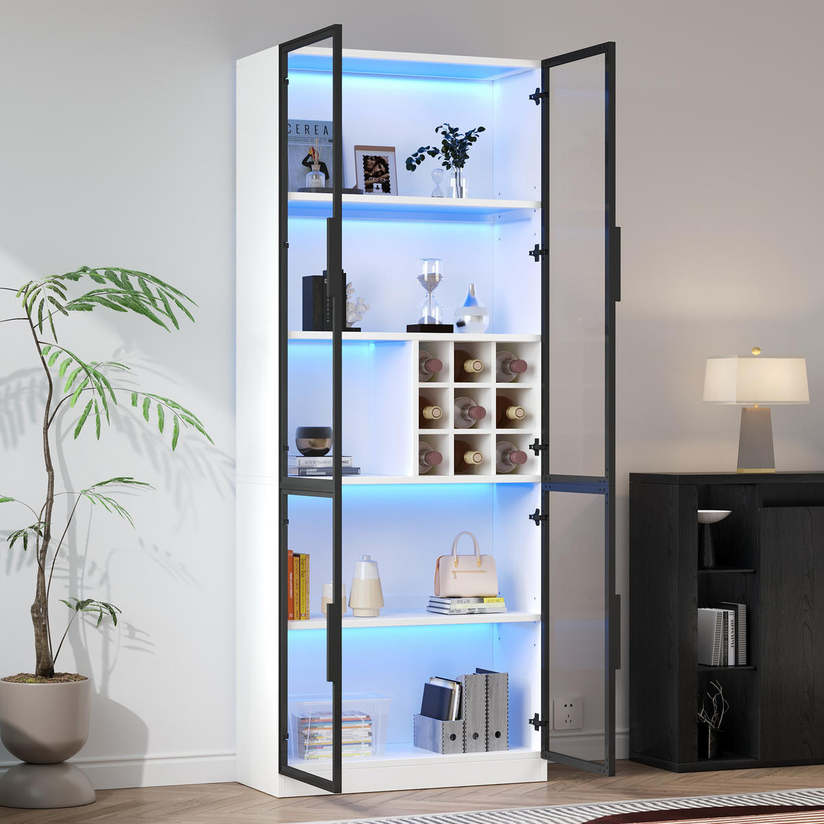 VITRINA 80/35/200 cm bijela, s LED osvjetljenjem i prostorom za vino - bijela, drvni materijal (80/200/35cm) - BEAOK