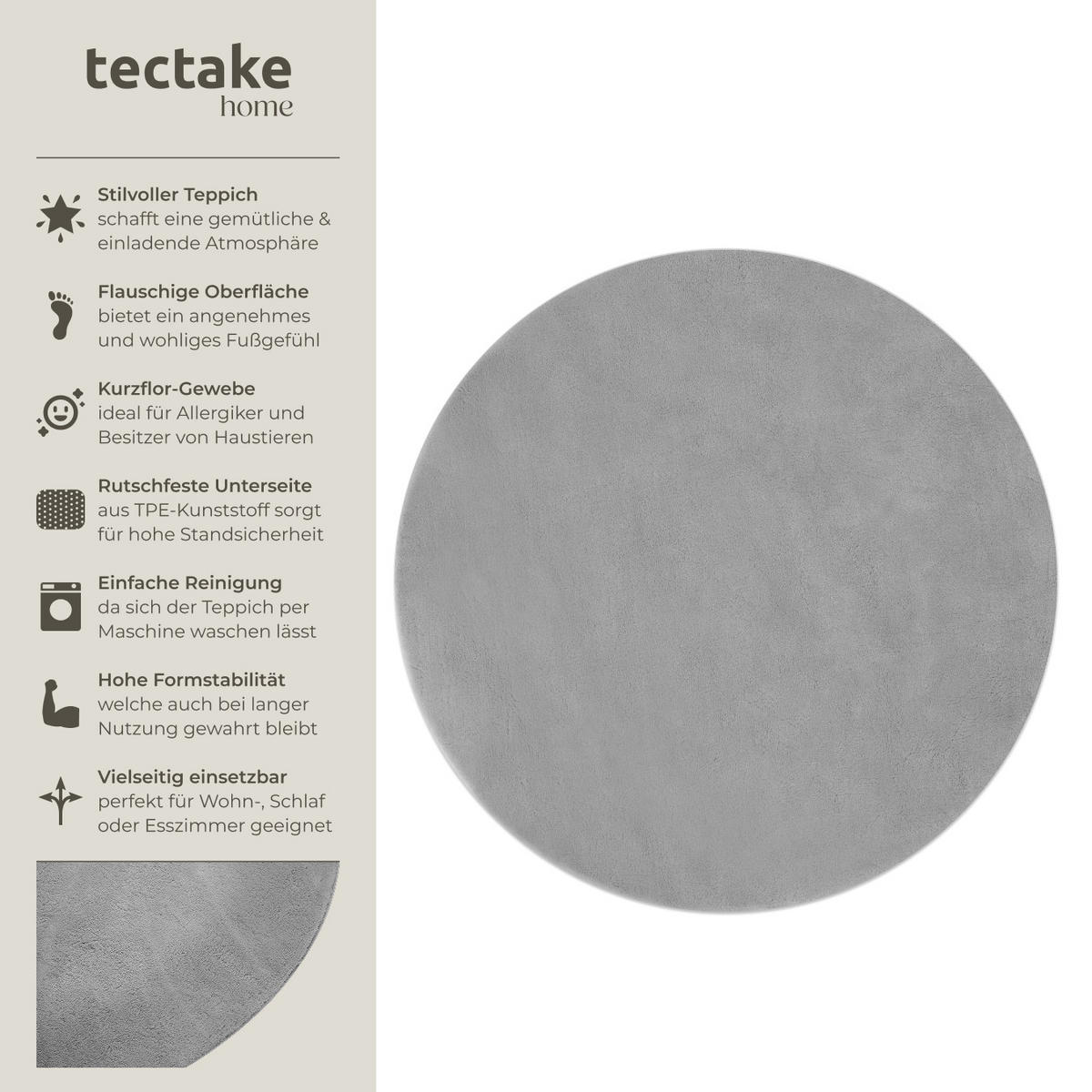 KURZFLORTEPPICH Soft Zone,rutschfeste Unterseite,grau - Grau, Kunststoff (120/120cm) - tectake