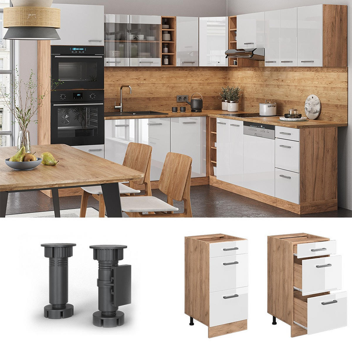 KÜCHENUNTERSCHRANK R-Line Weiß Hochglanz 40 cm mit Schubladen, AP Eiche - Honigeiche/Weiß Hochglanz, Holzwerkstoff (40/81.6/60cm) - Vicco