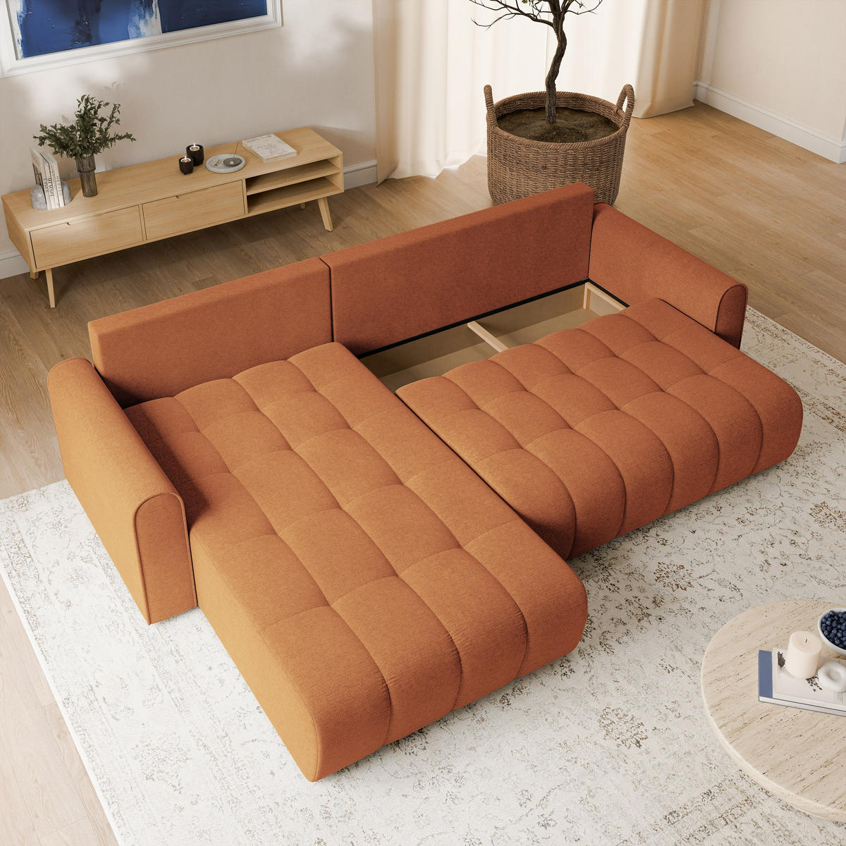 ECKSOFA FRIGA Orange Strukturstoff mit Schlaffunktion - Orange, Holz (283/185cm) - MASSENO