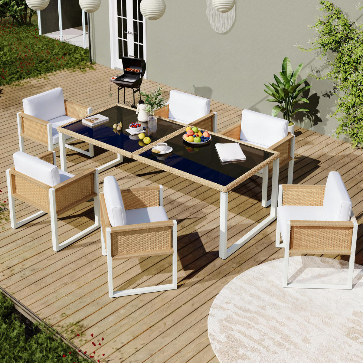 GARTEN-ESSGRUPPE 170/80/75 cm braun/weiß aus PE-Rattan mit 6 Stühlen - Braun, Naturmaterialen - OKWISH