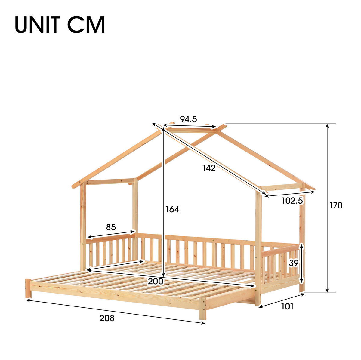 HAUSBETT 90/180/200 cm Natur aus massivem Kiefernholz ausziehbar - Naturfarben, Holz (90/200cm) - OKMYHOME