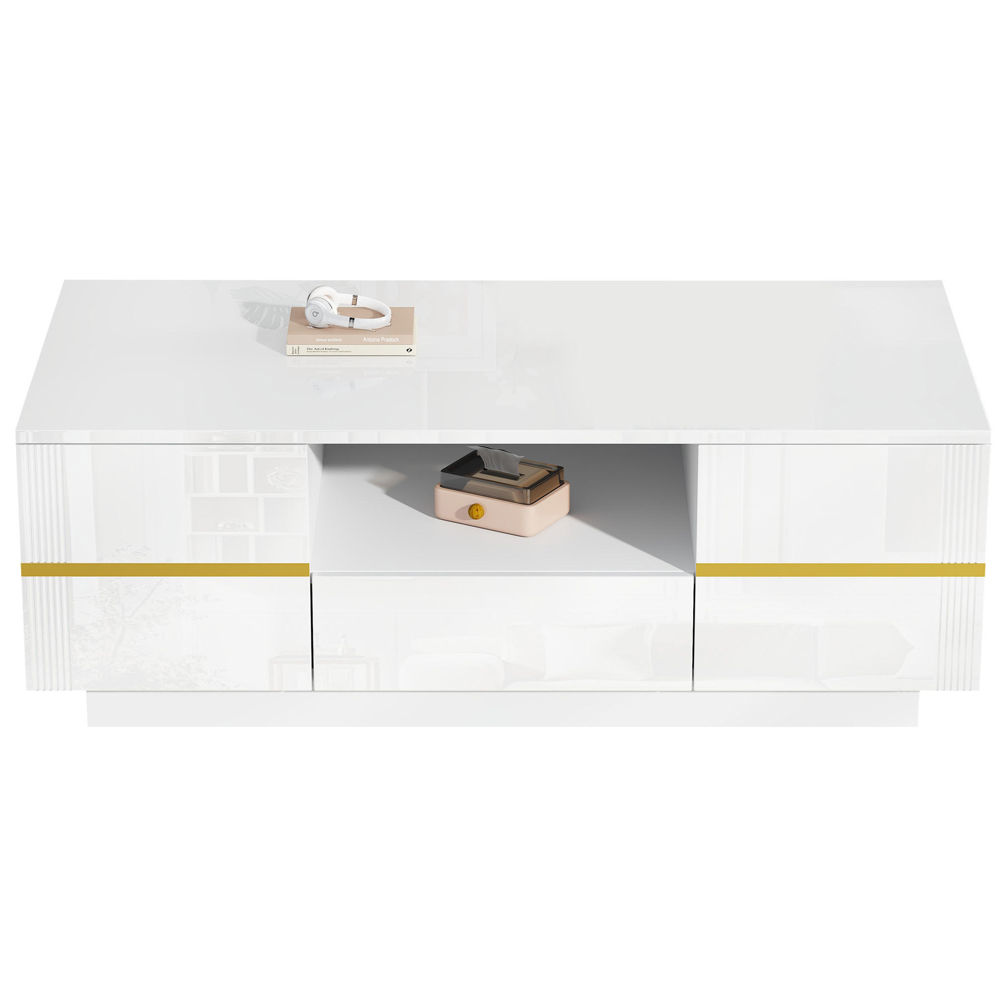COUCHTISCH mit LED Weiß/Gold 100/50/35,5 cm 2 Türen - Weiß, Holzwerkstoff (100/50/35.5cm)