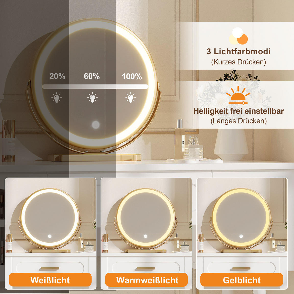 SCHMINKTISCH LED Spiegel Stauraum 1 Schublade Weiß Modern - Multicolor, Holzwerkstoff (100/112/42cm) - FLIEKS