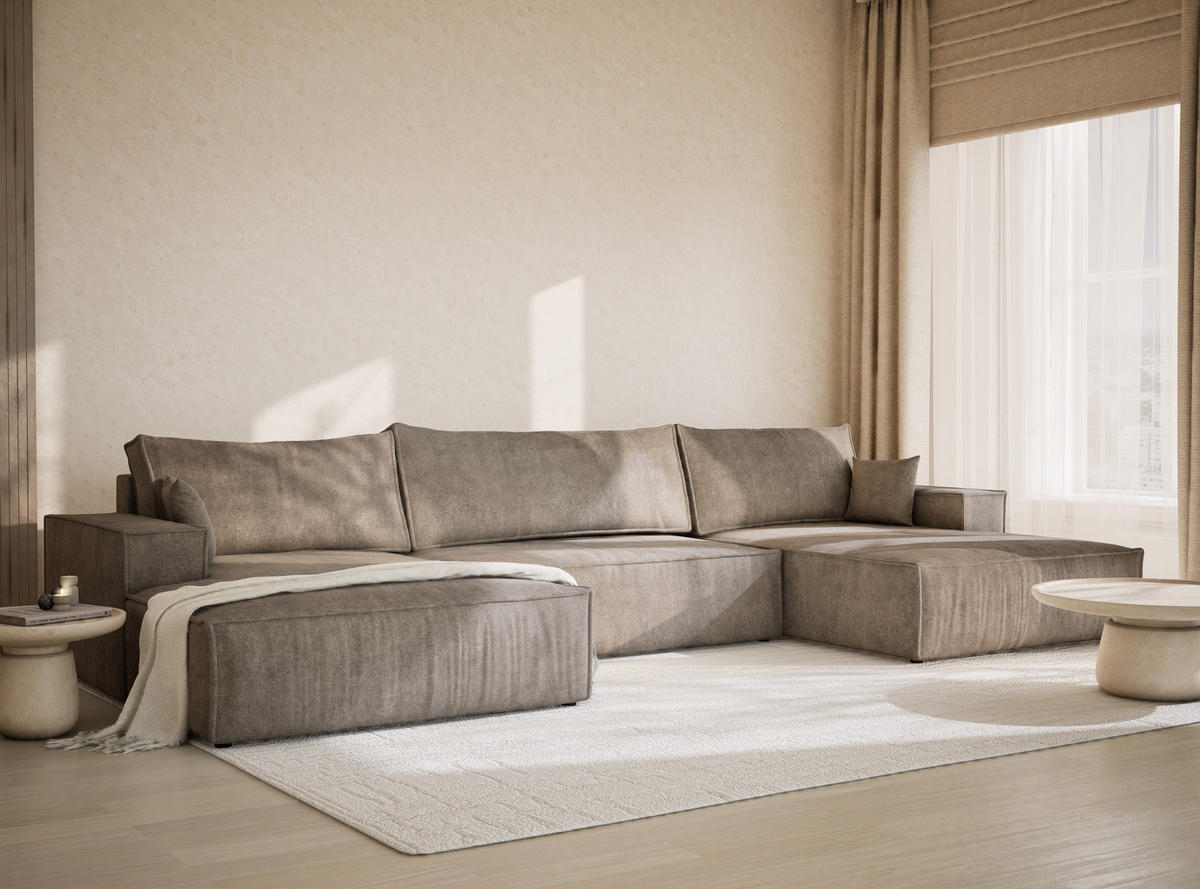 WOHNLANDSCHAFT Kyoto Braun Webstoff - Schwarz/Braun, Holz/Holzwerkstoff (398/70/148cm) - Maison de Reve