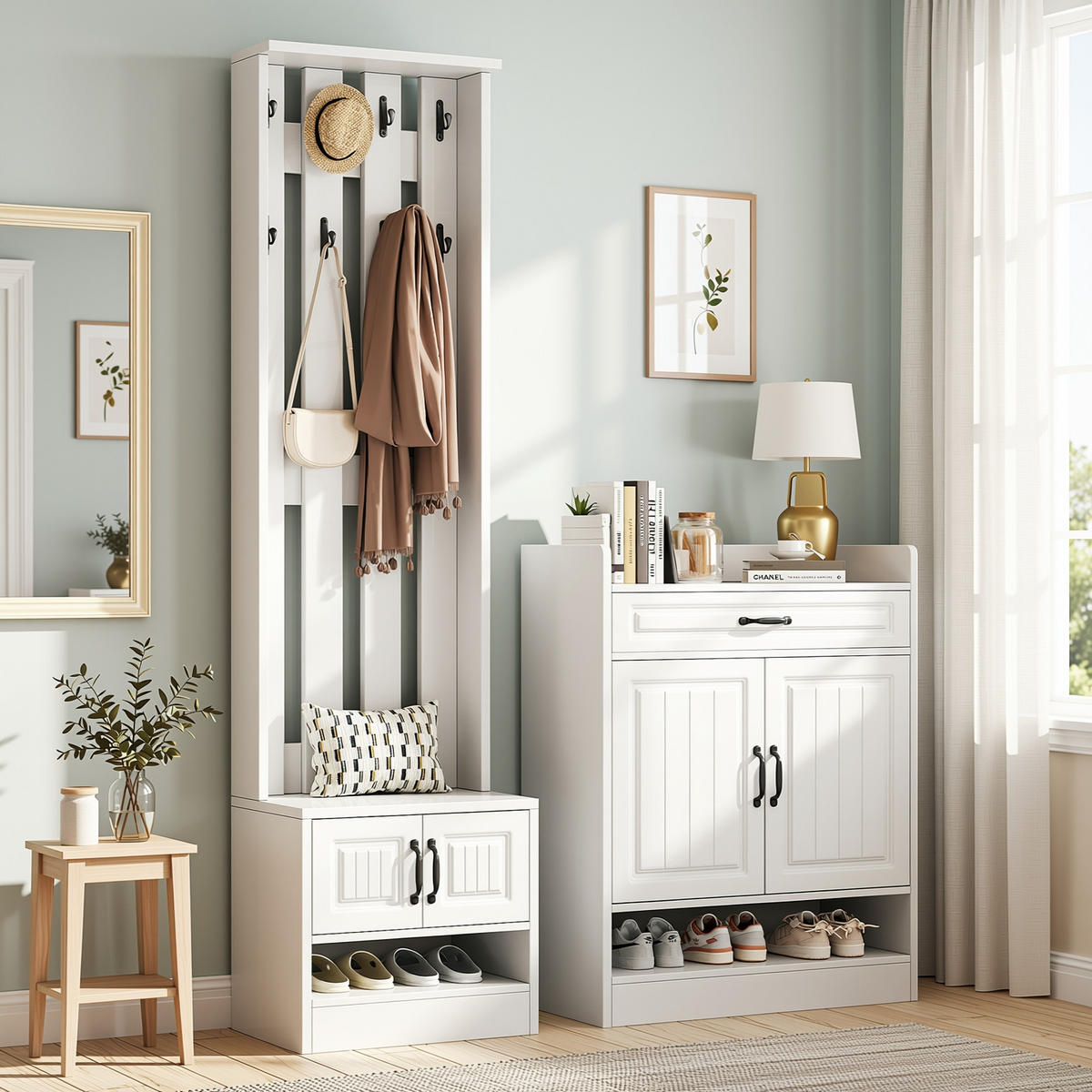 GARDEROBEN-SET in Weiß Komplett-Garderobe mit Schuhbank Schrank & Wandpaneel - Weiß, Holzwerkstoff (125/190/36cm) - Urban Meuble