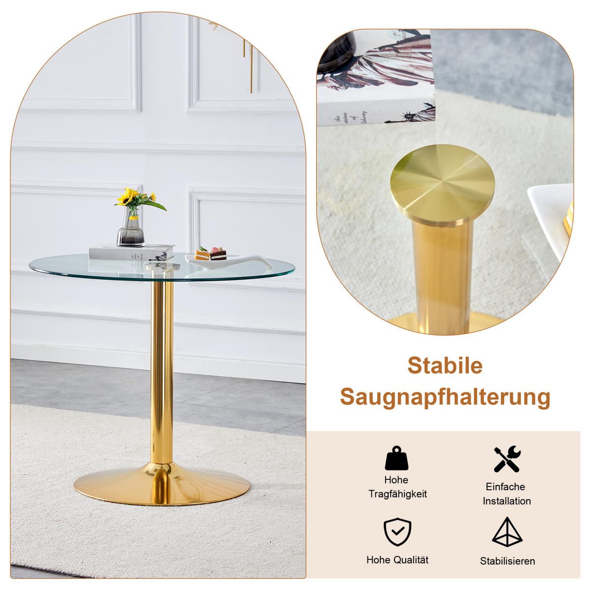 ESSZIMMER-SET Glastisch mit 2 Stühlen 85 cm Schwarz/Gold - Multicolor, Metall (85/76/85cm) - Meubliv