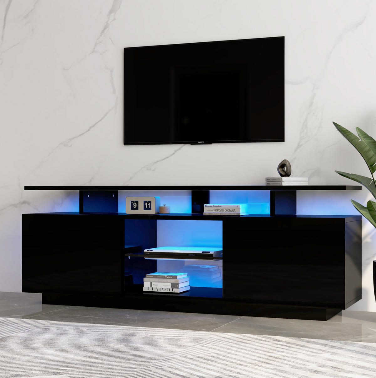 TV-LOWBOARD aus Spanplatte 140x35x55 cm Schwarz mit LED-Beleuchtung, 2 Hochglanztüren und 5 offenen Fächern - Schwarz, Holzwerkstoff (140/55/35cm) - IVMEU