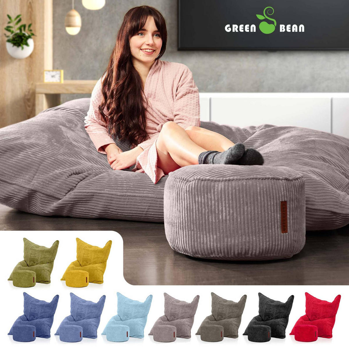 SITZSACK XXL "Square" + Pouf aus Cord - Grau, Textil (140/25/180cm) - Green Bean