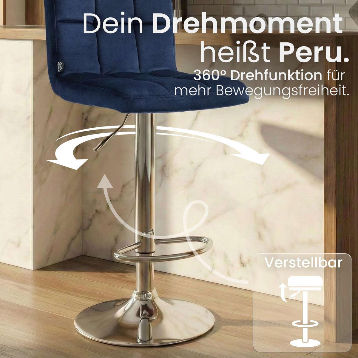 BARHOCKER Samt Blau - Chromfarben/Blau, Textil/Metall (46/94/47cm) - CLP