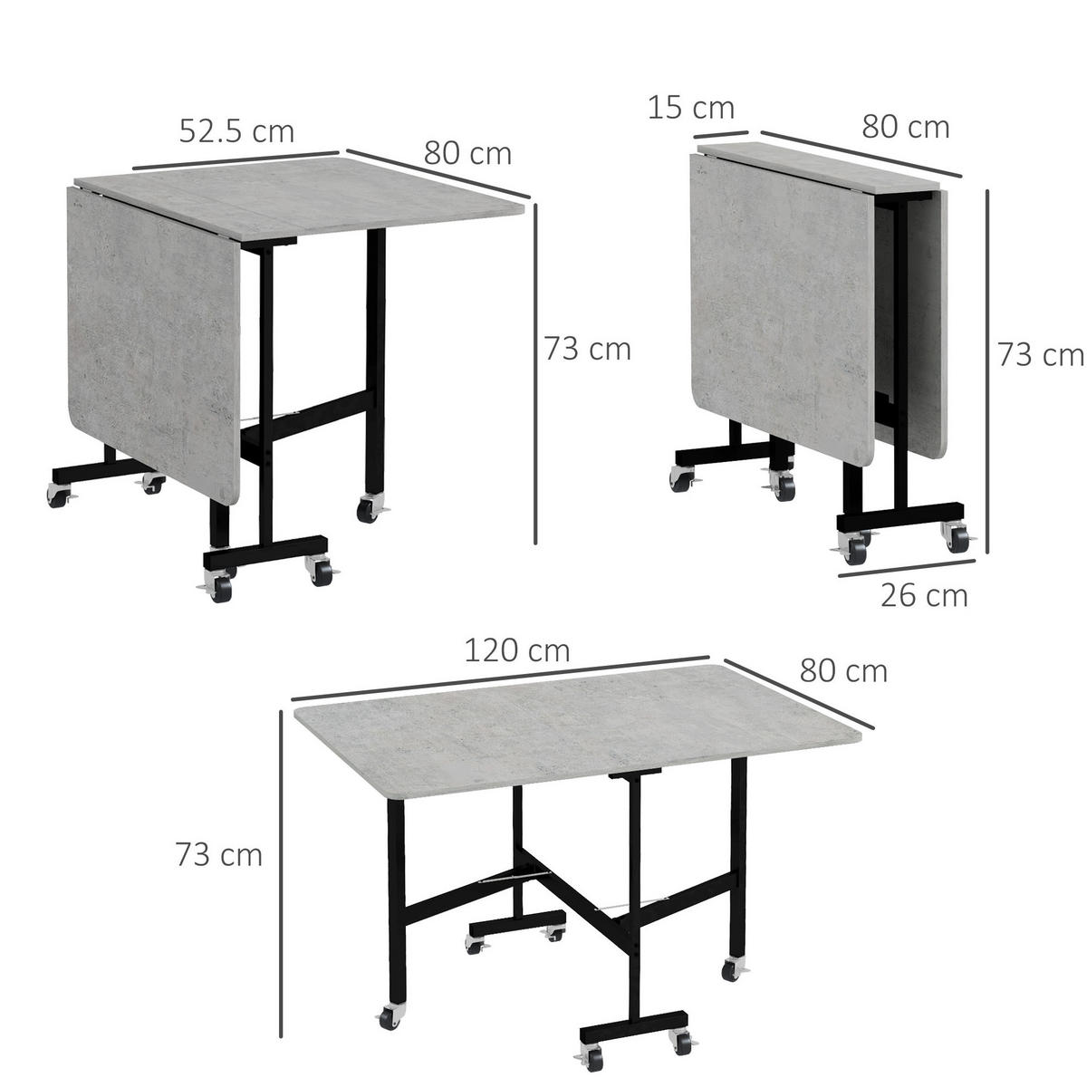 KLAPPTISCH 120/80/73 cm aus MDF mit Rollen und ausklappbaren Seiten, platzsparend, Grau - Grau, Holzwerkstoff (120/80/73cm) - Redom