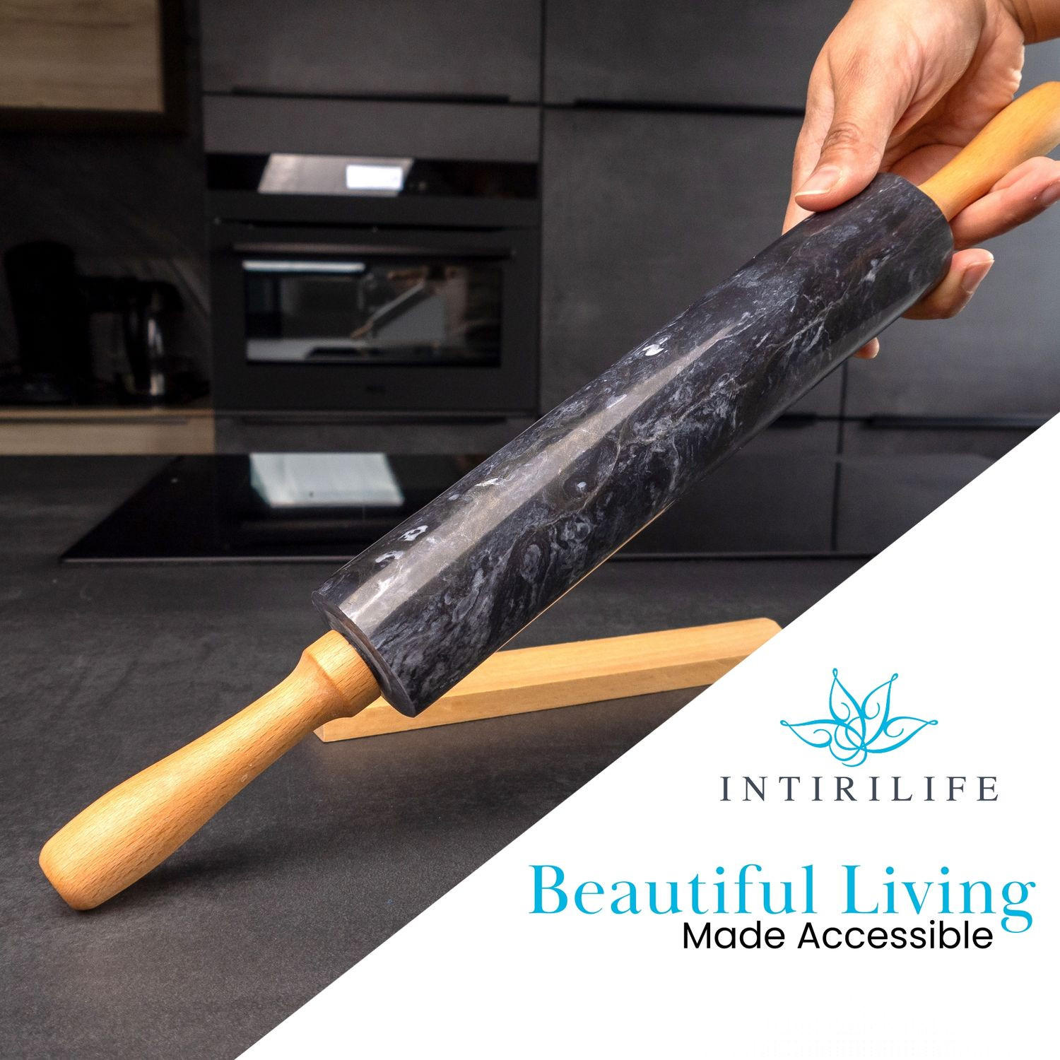 NUDELHOLZ aus Marmor mit Ablage - Schwarz, Stein (46.5cm) - Intirilife