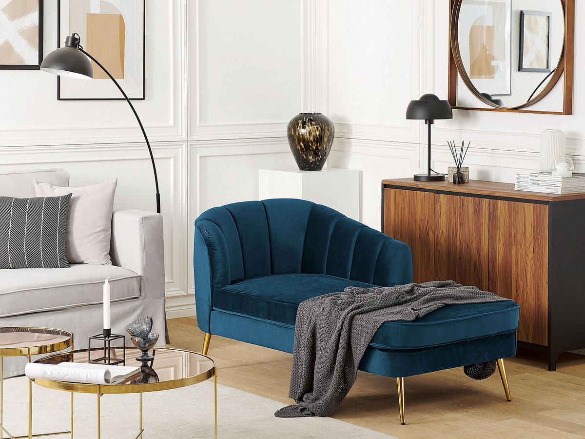 CHAISELONGUE Samtstoff marineblau linksseitig Allier - Blau/Goldfarben, Textil (150/75/76cm) - Beliani