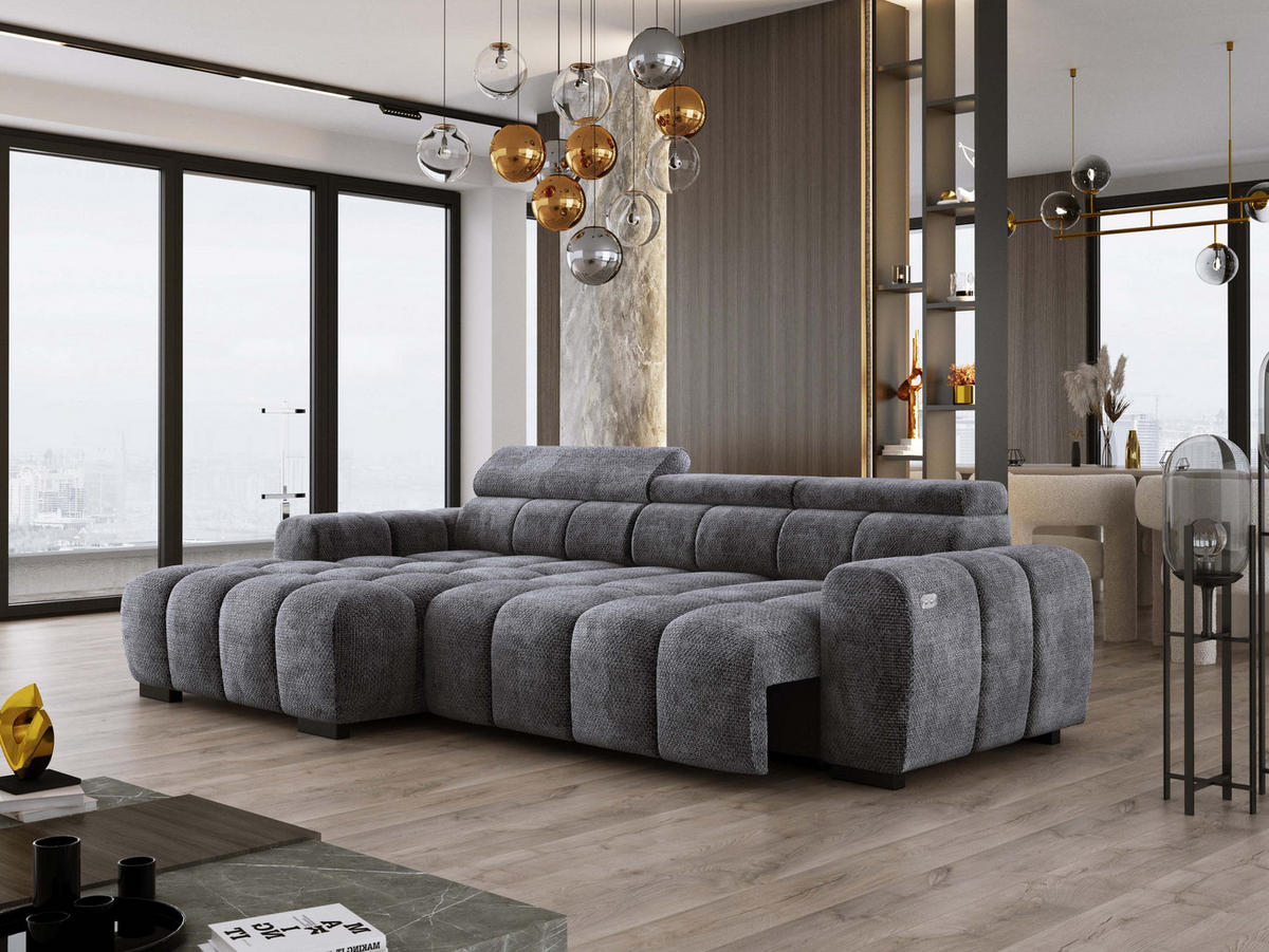 ECKSOFA OMBO 285x168x77/97 cm, Links, Schlaffunktion, elektr. Sitz, Kopfstützen, hydrophober EDEN-Stoff – Graphit - Anthrazit, Holz/Textil (168/285cm) - DomoHome