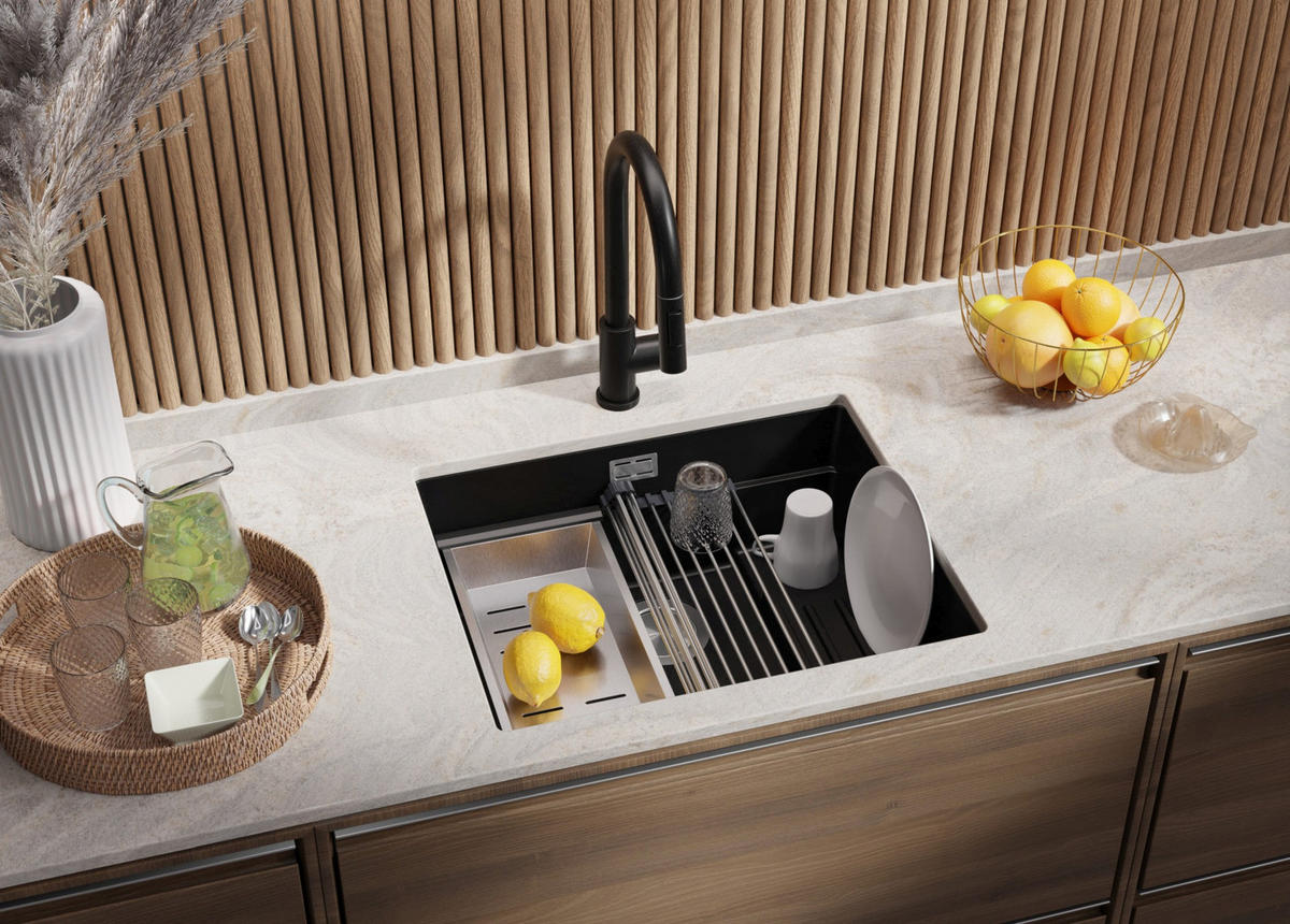 UNTERBAUSPÜLE GRANIT Praga, 2-er set Schwarz 56/47 cm 1 Becken + Küchenarmatur 40/20 cm + Ablauf-Set + Aufrollbare Abtropffläche ab 60er Unterschrank - Schwarz, Kunststoff (56/20/47cm) - Primagran