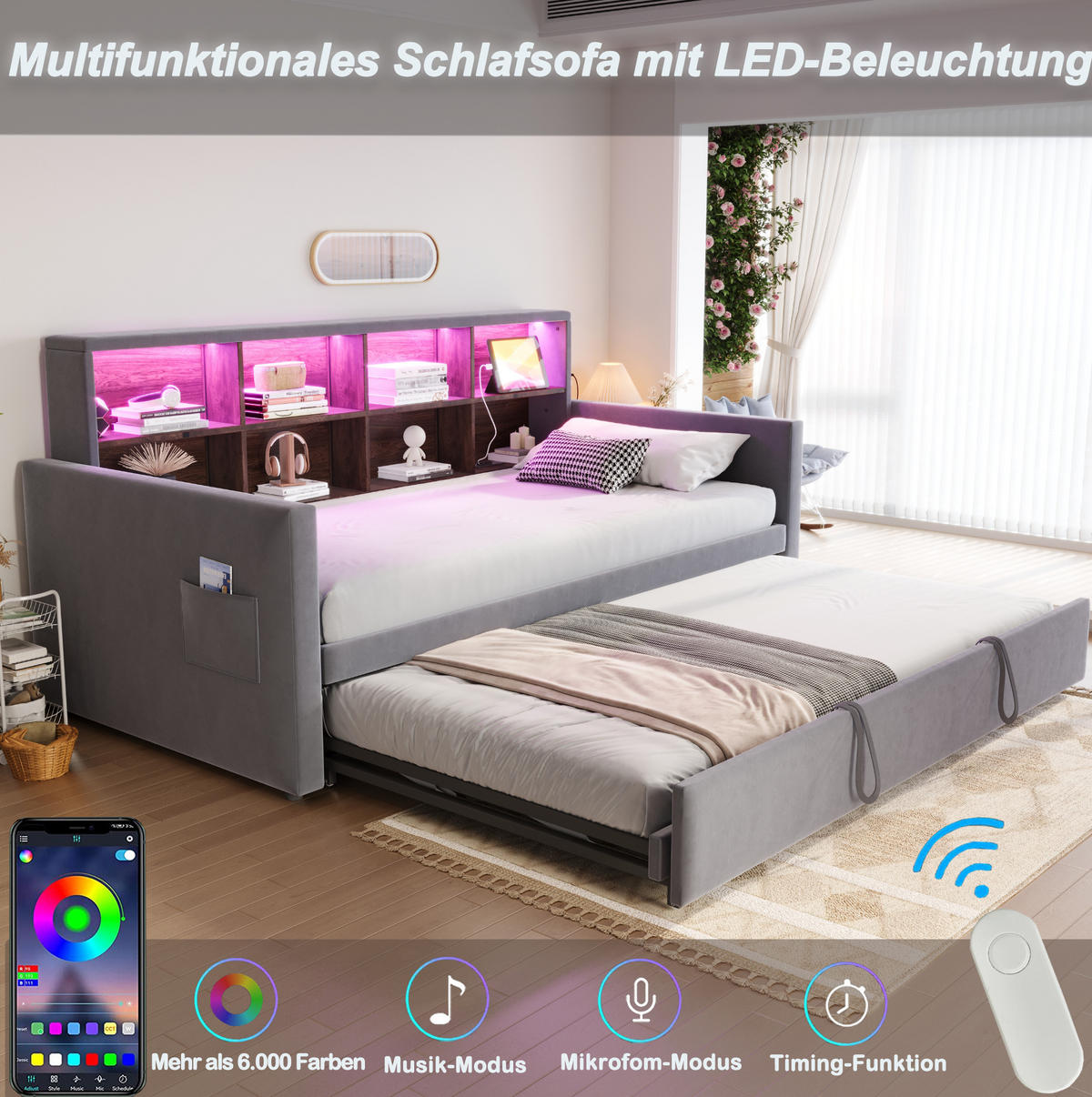 POLSTERBETT 90/180x190 cm aus Samt mit LED-Beleuchtung und Stauraum, Dunkelgrau - Dunkelgrau, Textil (90/190cm) - Flora Grace