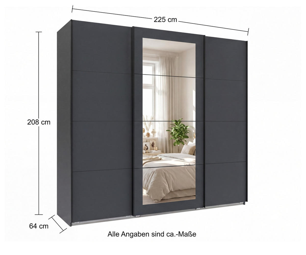 SCHWEBETÜRENSCHRANK 3-türig B225/H208/64 cm Kleiderschrank in Grafit, mittig Spiegel, Griffe Schwarz / 22627 - Schwarz/Graphitfarben, Holzwerkstoff/Metall (225/208/64cm) - luma-home