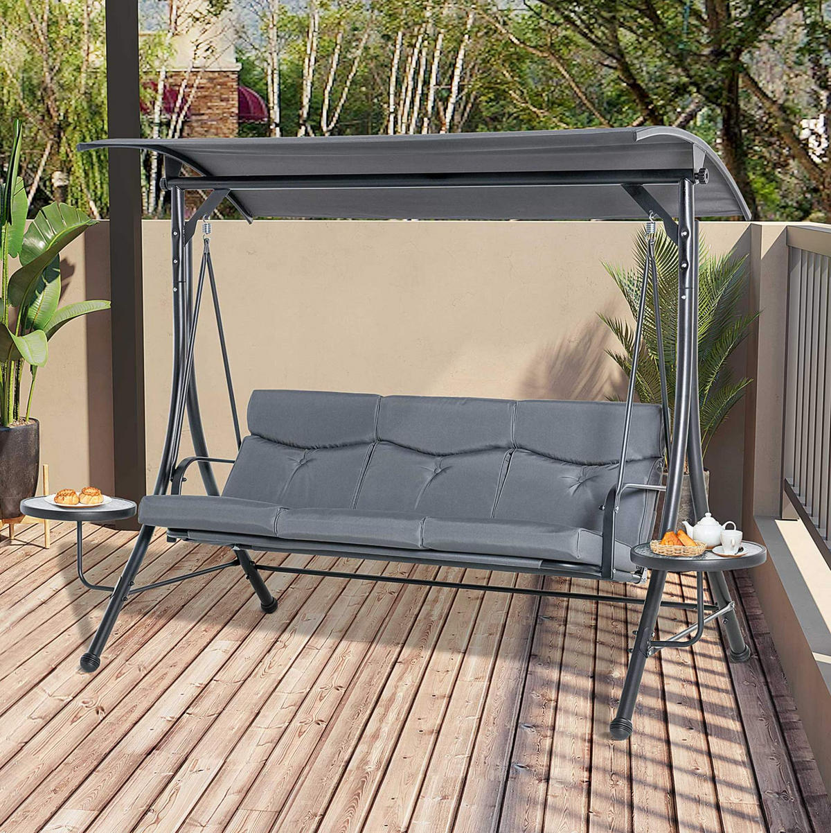 HOLLYWOODSCHAUKEL aus Stahl 271 x 125 x 177 cm in Grau mit verstellbarem Sonnendach - Grau, Metall (125/177/271cm) - Modfu