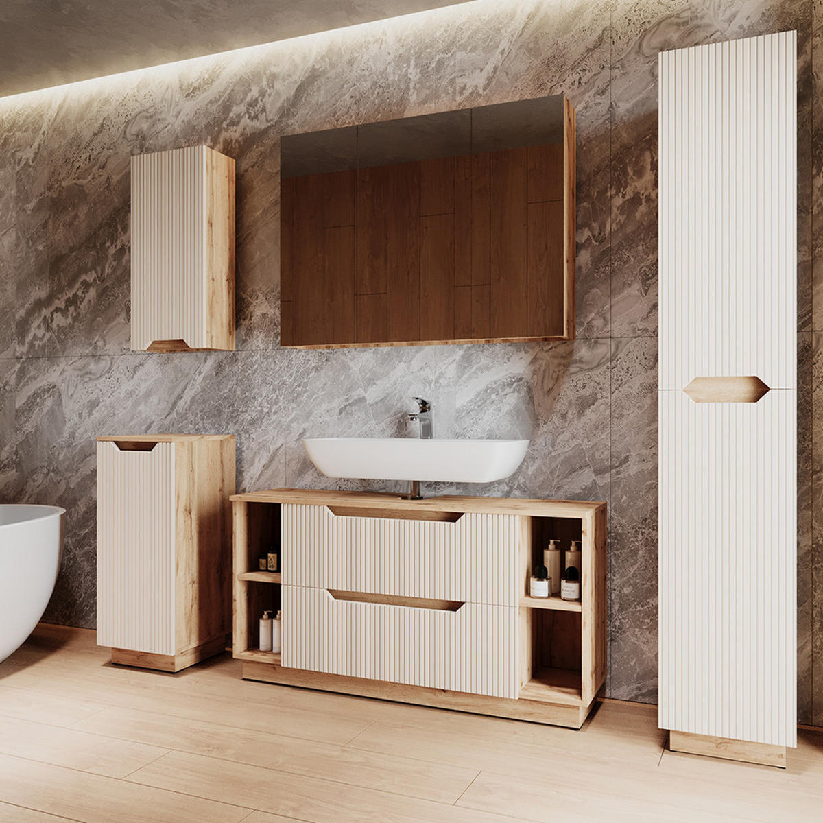 BADMÖBEL-SET Lotta Eiche/Kaschmir gestreift 5 Teile - Kaschmir, Holzwerkstoff (119.2/62.5/35cm) - Vicco