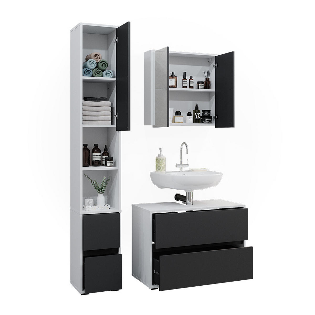 BADMÖBEL-SET Maltin Weiß/Anthrazit 3 Teile, mit Hochschrank - Anthrazit/Weiß, Holzwerkstoff (80/58/40cm) - Vicco