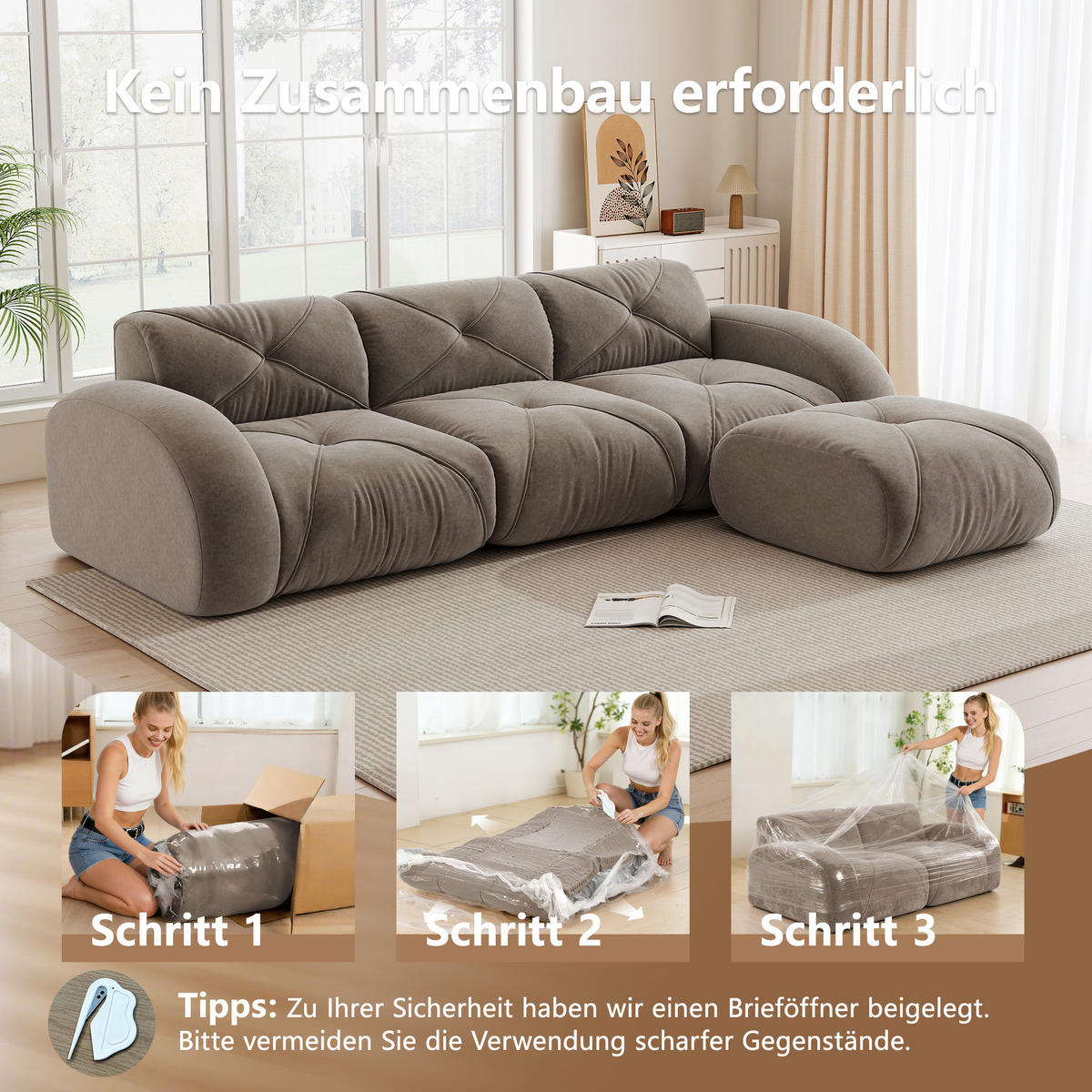 3-SITZER ECKSOFA Chenille Taupe mit Hocker - Braun, Textil (281/171cm) - WISHDOR