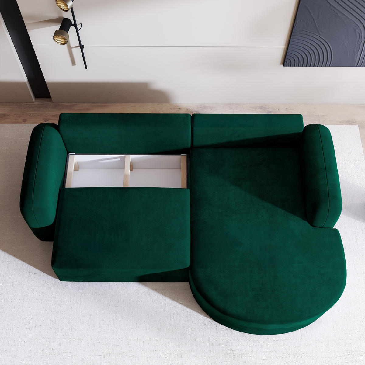 ECKSOFA AMILIA M R-S Grün Velours-Stoff mit Schlaffunktion - Grün, Holz (263/174cm) - MASSENO