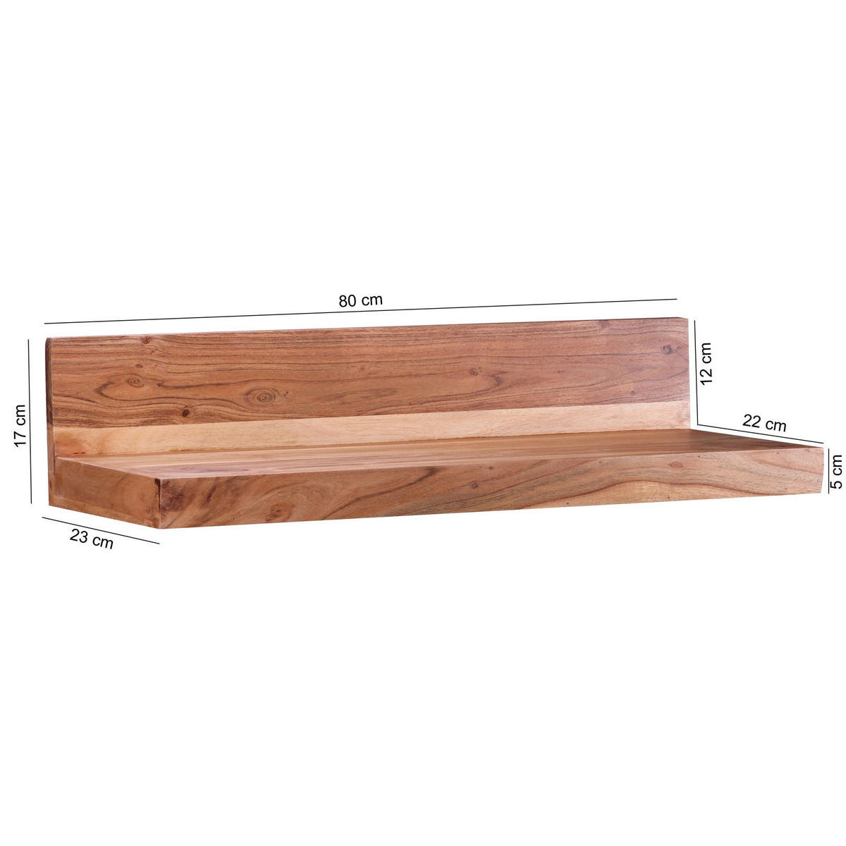 WANDREGAL eckig TANELI Akazie Holzregal - Akaziefarben, Holz (80/17/23cm) - tinkaro