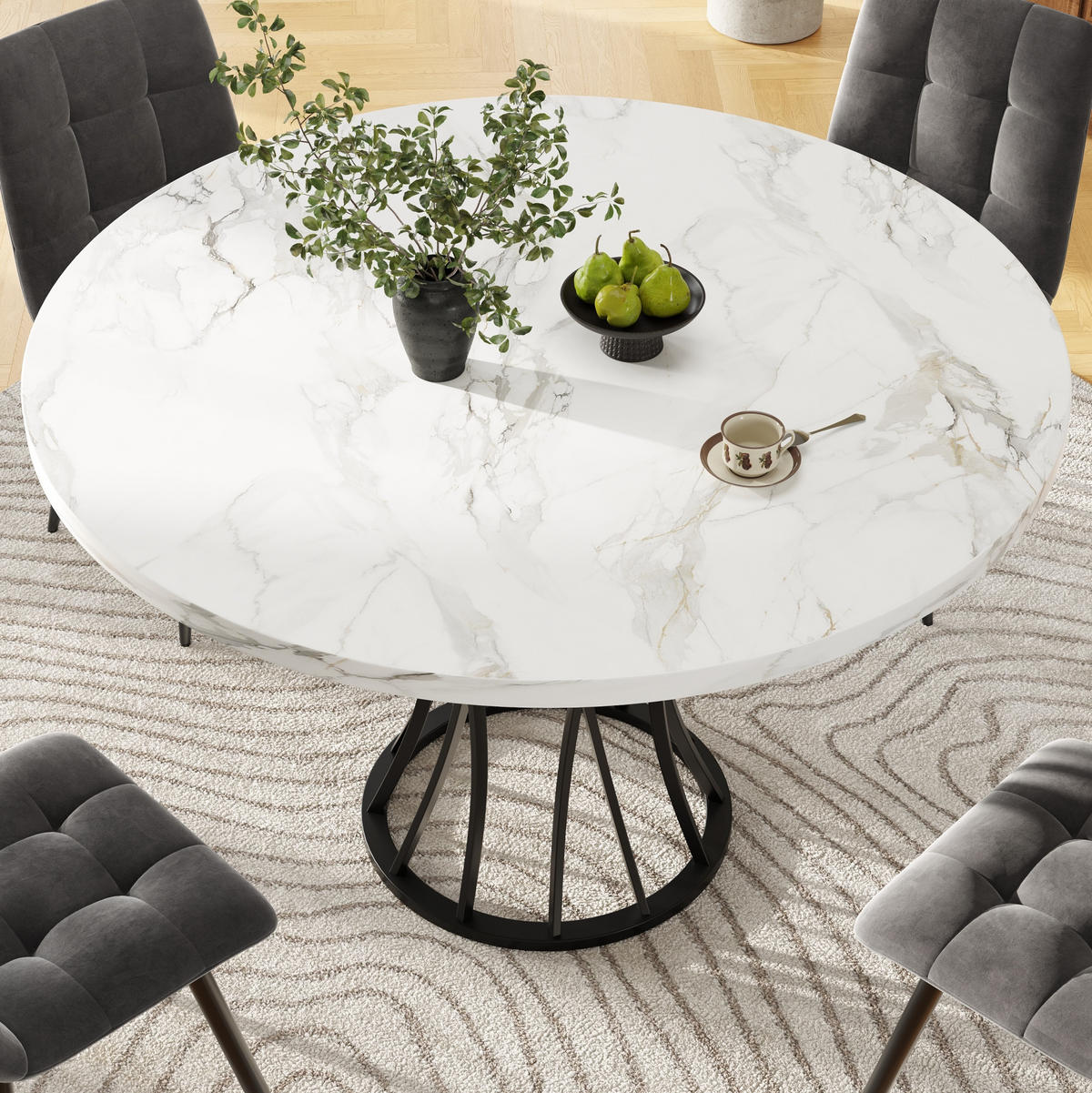 ESSTISCH 80x80x76 cm in Weiß und Schwarz aus MDF mit Marmormuster auf Metallgestell - Schwarz, Holzwerkstoff (80/80/76cm) - Modfu