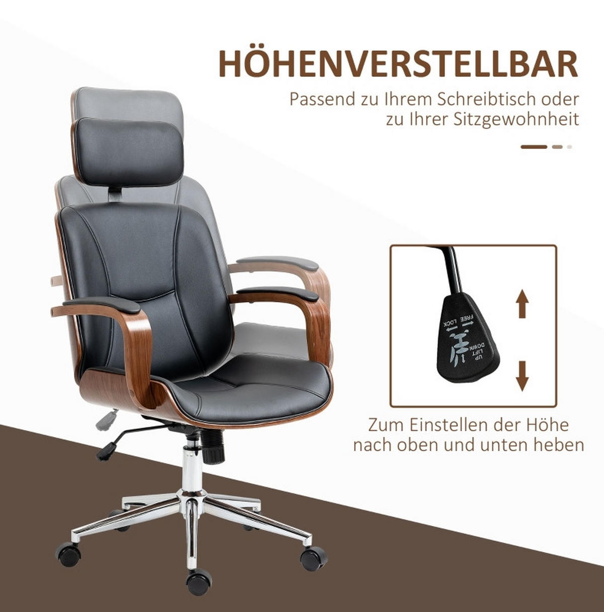 BÜROSTUHL ergonomisch höhenverstellbar 66 x 65 x 115-125 cm Kunstleder Schwarz - Schwarz, Kunststoff (65/125/66cm) - Meubliv