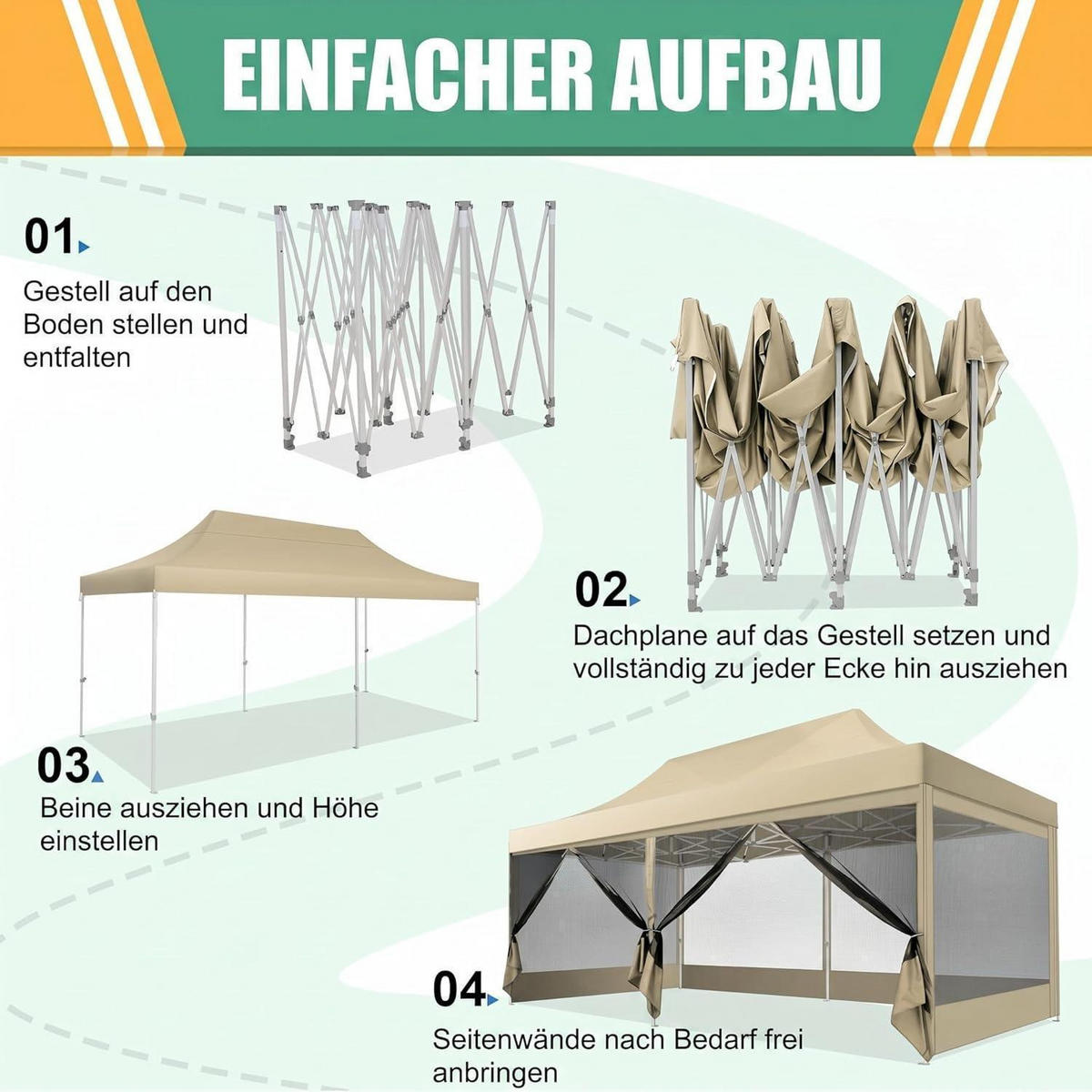 FALTPAVILLON 3 x 6 m mit Moskitonetz Khaki - Beige, Textil (300/275/600cm)
