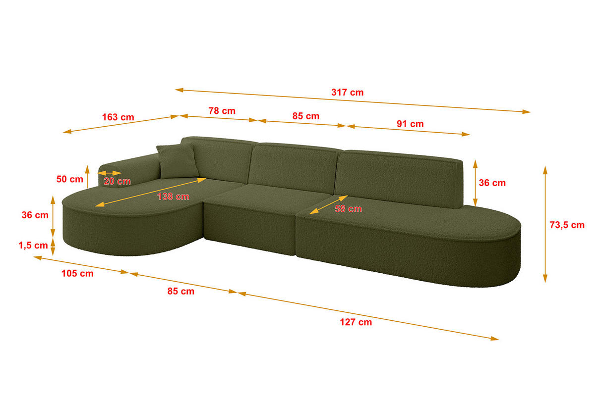 ECKSOFA Ottomane Links MARI-L2 - 317x163x73,5 cm Grün Bouclé - Schwarz/Grün, Holzwerkstoff/Kunststoff (165/321cm) - ALTDECOR