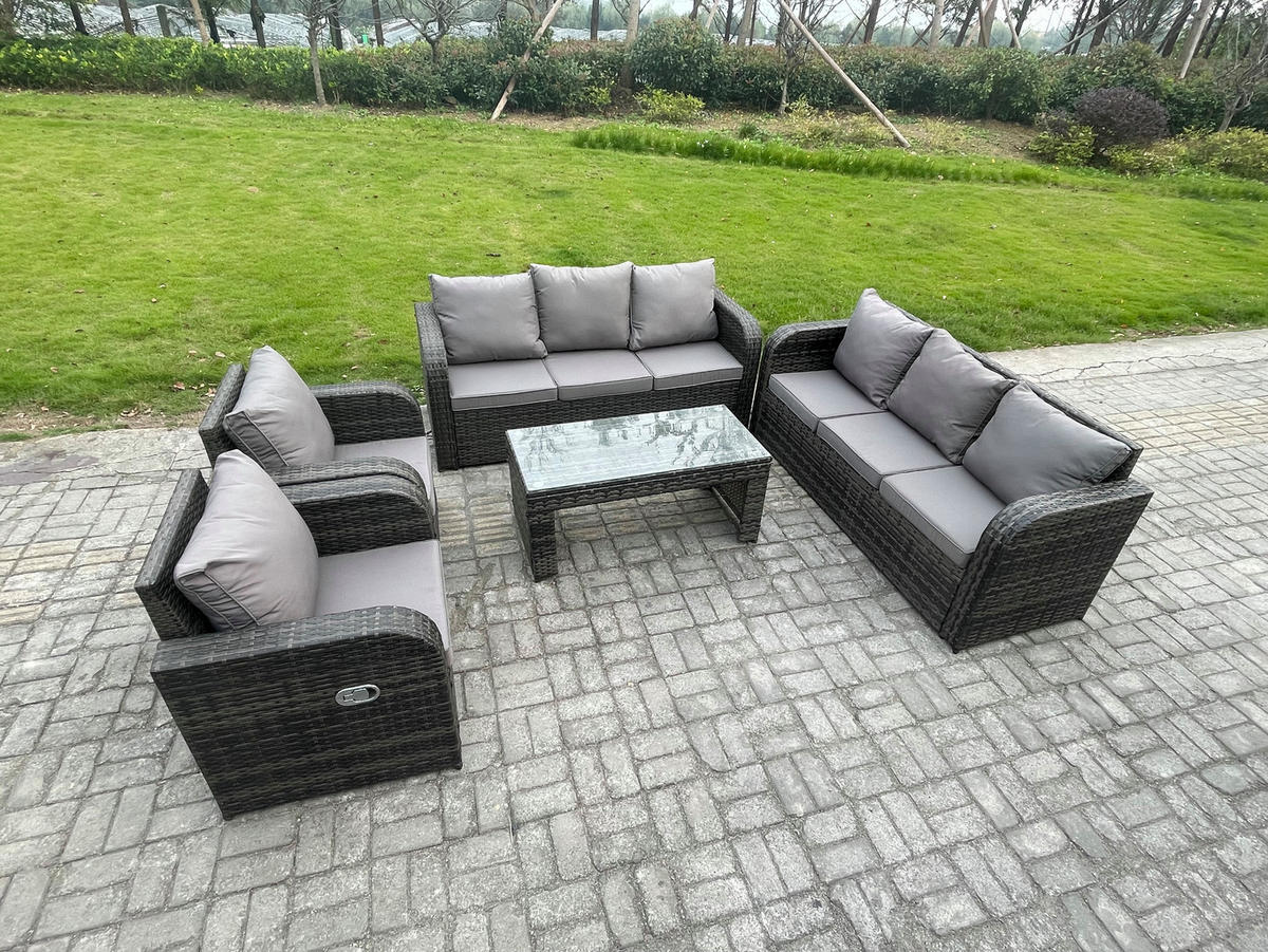 GARTENMÖBEL SET mit Sofa Polyrattan 8-Sitzer Dunkelgrau - Dunkelgrau/Grau, Glas/Kunststoff - Fimous