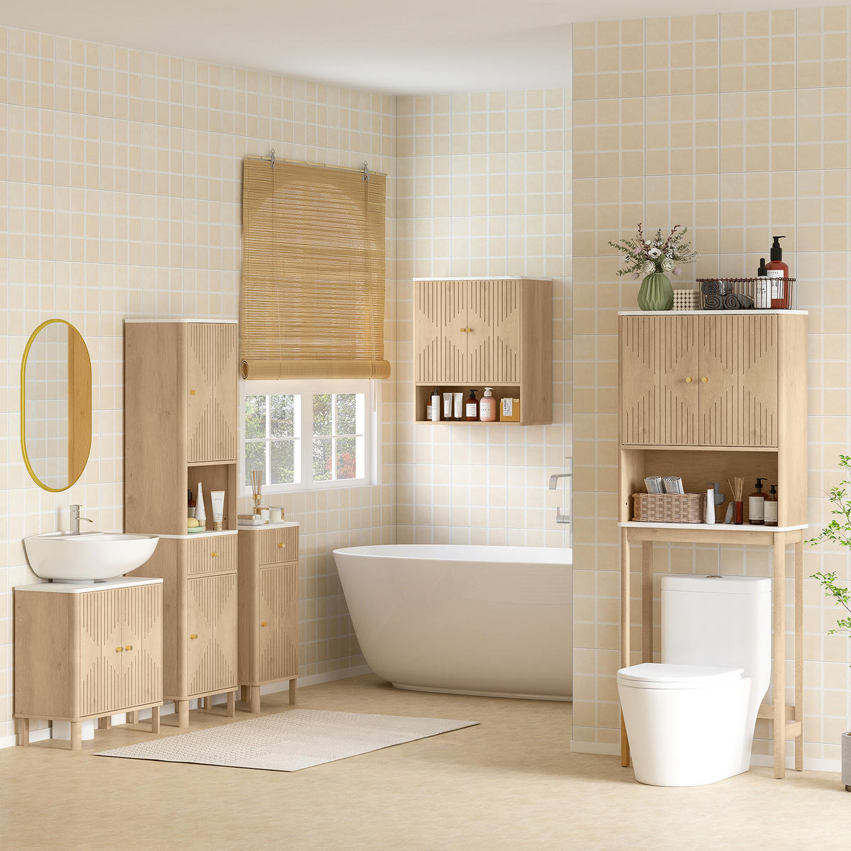 BADEZIMMERSCHRANK Eichefarben und Marmor-Optik 36/30/80 cm - Eichefarben, Holzwerkstoff (36/80/30cm) - PANGIVO
