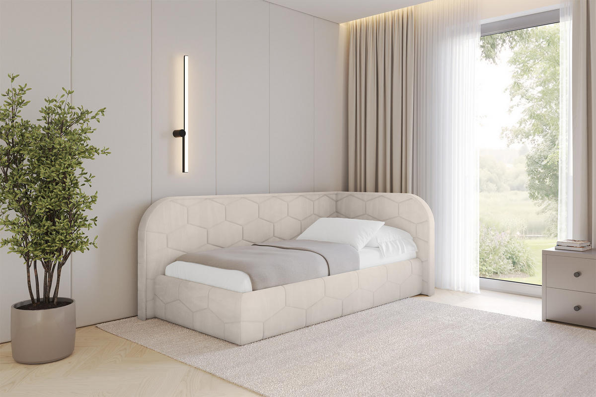 EINZELLBETT Jugendbett mit Bettkasten und Matratze H3/H4, Links - JAXY 90x200 Beige - Ecru, Holzwerkstoff/Textil (90/200cm) - ALTDECOR