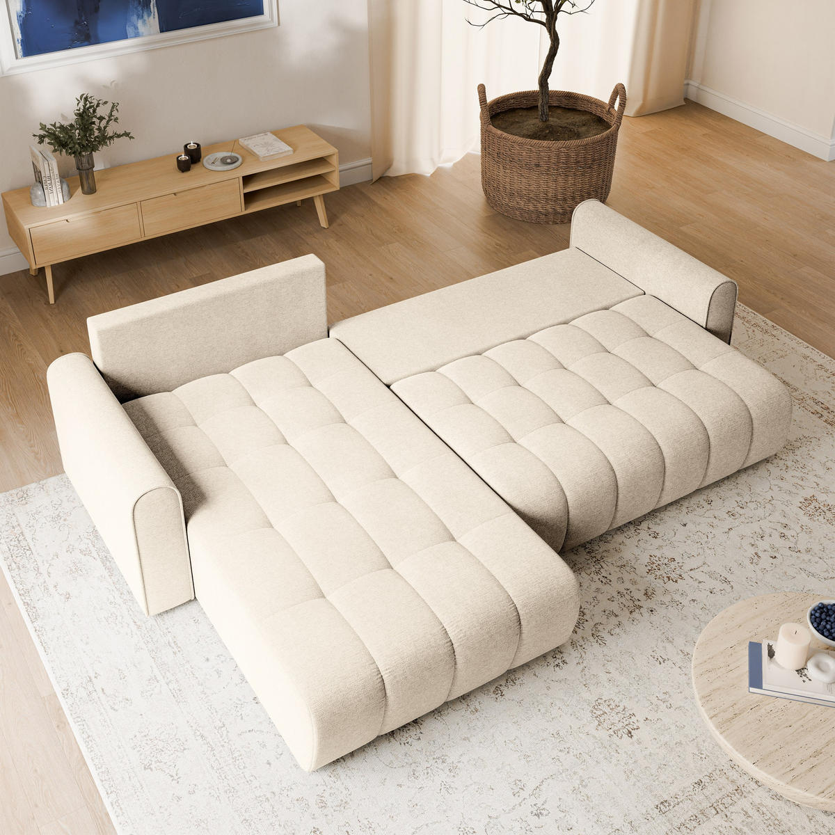 ECKSOFA FRIGA Creme Strukturstoff mit Schlaffunktion - Creme, Holz (283/185cm) - MASSENO