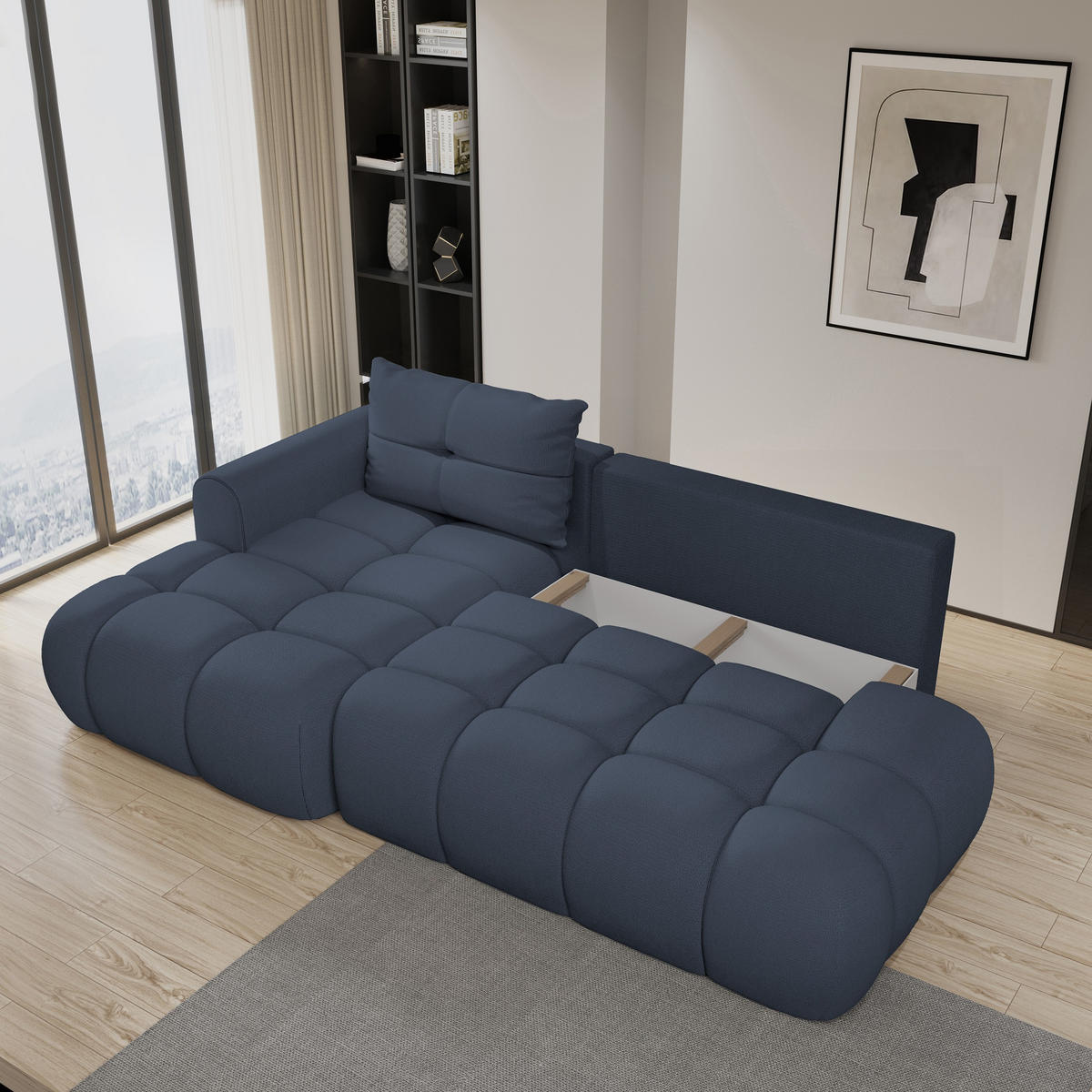ECKSOFA FLUMA L-S Blau Geflochtener Stoff mit Schlaffunktion - Blau, Holz (274/165cm) - MASSENO