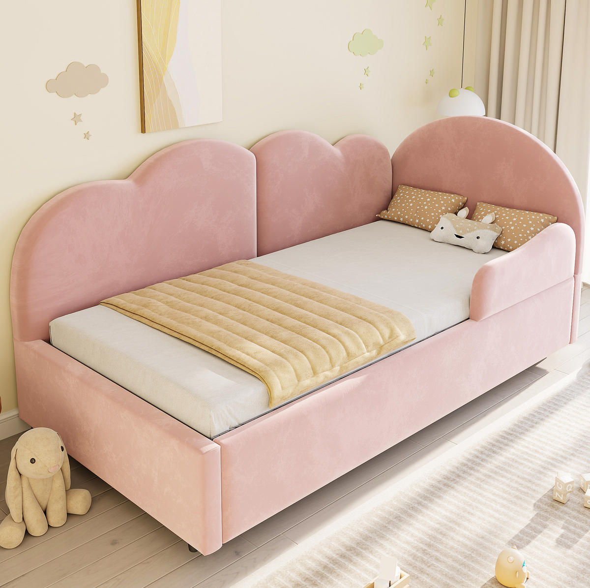 POLSTERBETT Ausziehbares Schlafsofa Samt 90x200 cm Pink ausziehbar L-Form mit wolkenförmigem Kopfteil - Pink, Textil (90/200cm) - Modfu